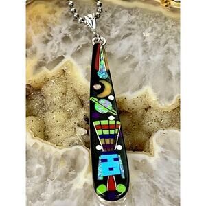 ZUNI Galaxy Rainbow Kachina Micro Inlay Pendant 925 Sterling Silver Necklace